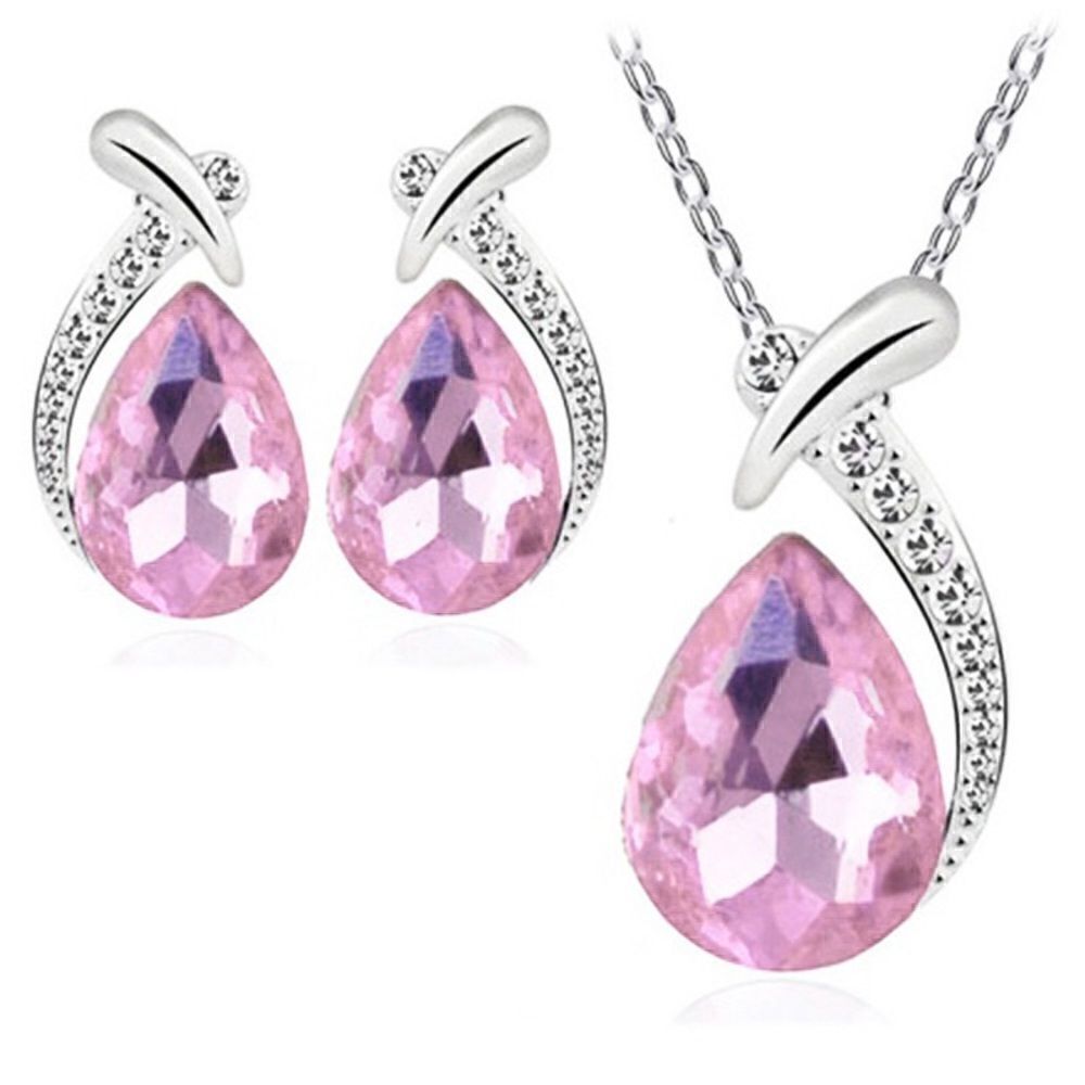 NEW Australian Crystal Pink Gem Necklace And Earrings Set